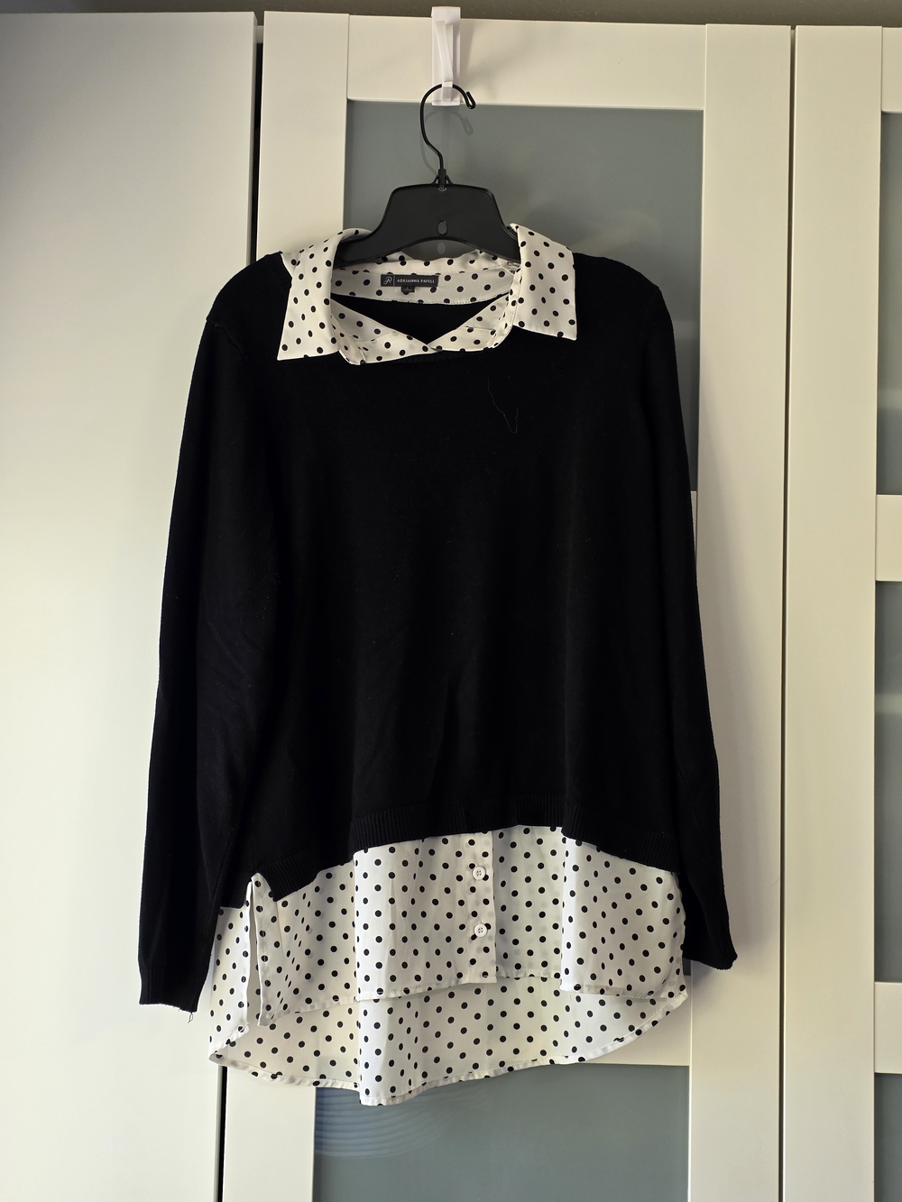 Adrianna Papell Black Sweater with White Polka Dot Shirt Detail